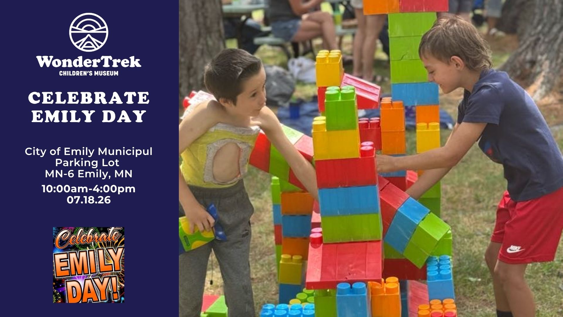 Celebrate Emily Day Children building a colorful block structure during a WonderTrek Children's Museum activity at Celebrate Emily Day in Emily, Minnesota.