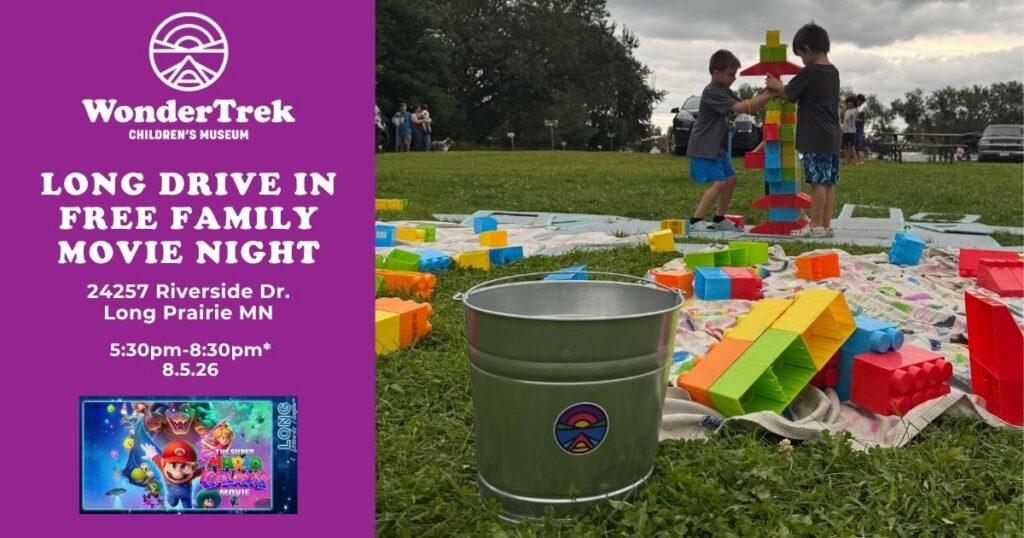 Children build with giant blocks during WonderTrek Children's Museum's Long Drive In Free Family Movie Night in Long Prairie, Minnesota on August 5, 2026.
