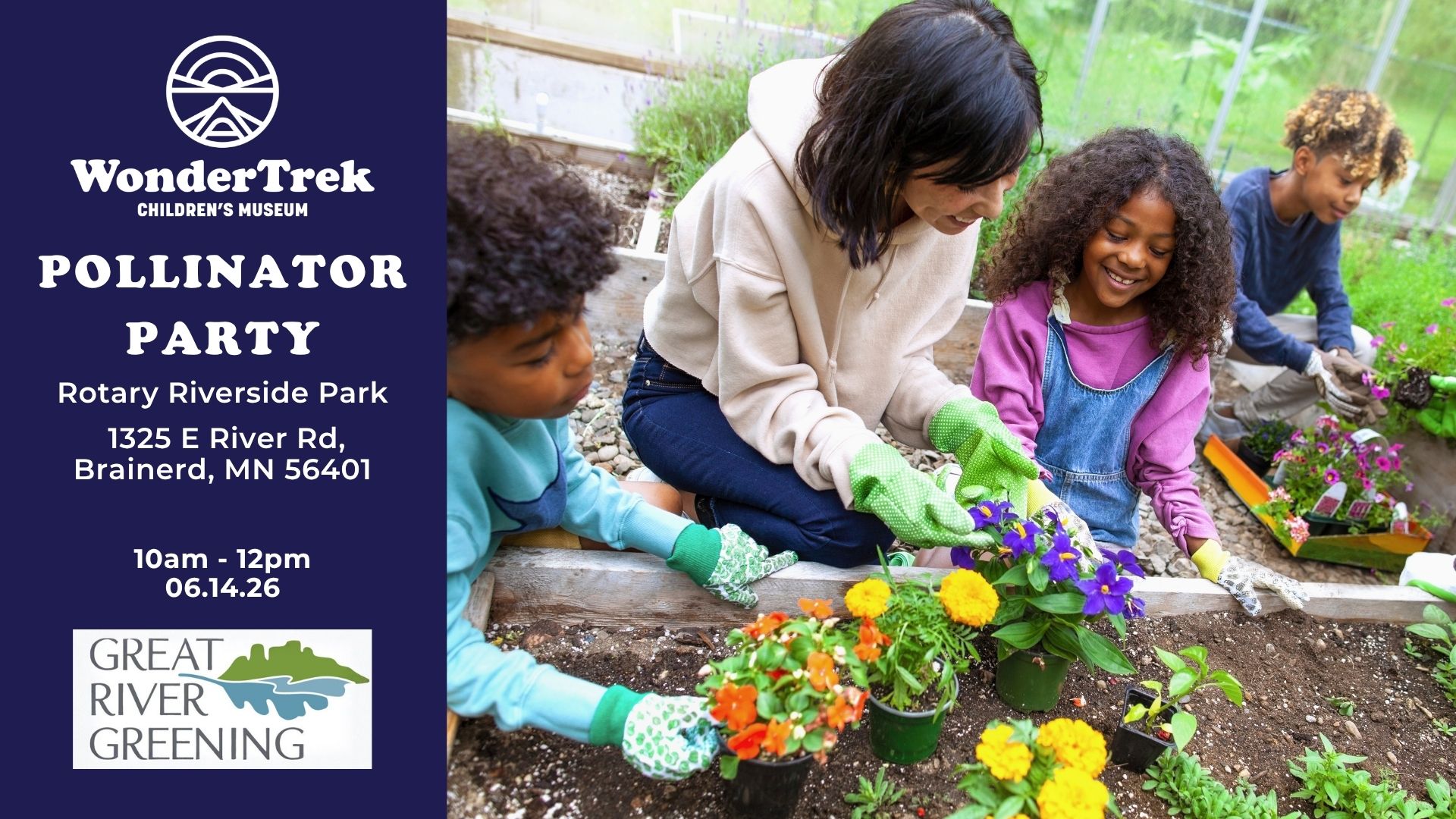 Children planting flowers during WonderTrek and Great River Greening Pollinator Party at Rotary Park
