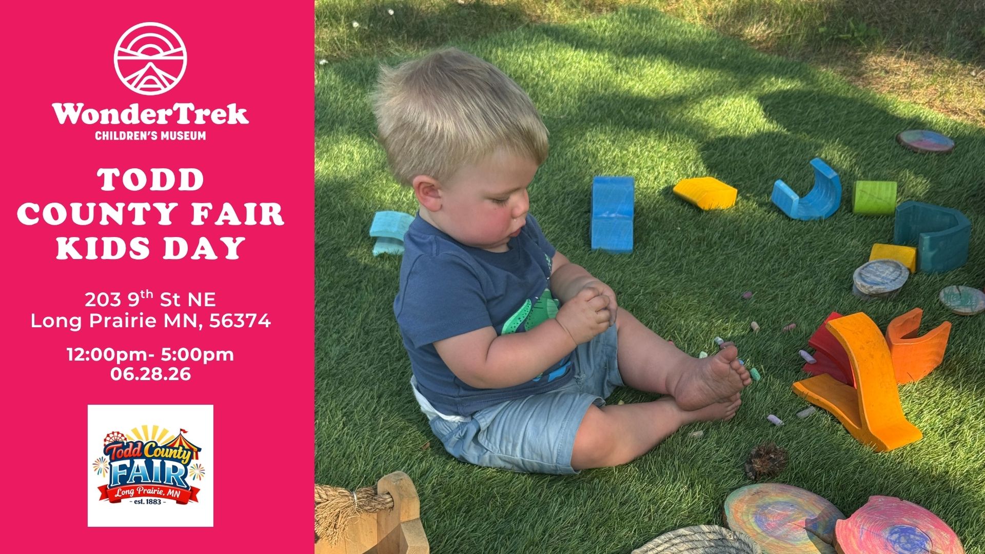 Todd County Fair Kids Day event featuring WonderTrek Children's Museum hands-on play activities in Long Prairie, Minnesota